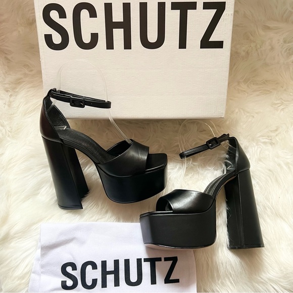 New! SCHUTZ “Lenne” Chunky Square Heel Platform Leather Sandals Heels - Picture 8 of 14